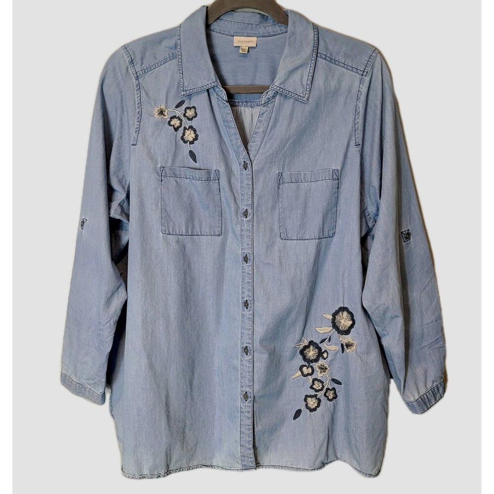 Avenue Top Women 22/24 Chambray Denim Button Front Embroidered‎ Country Western